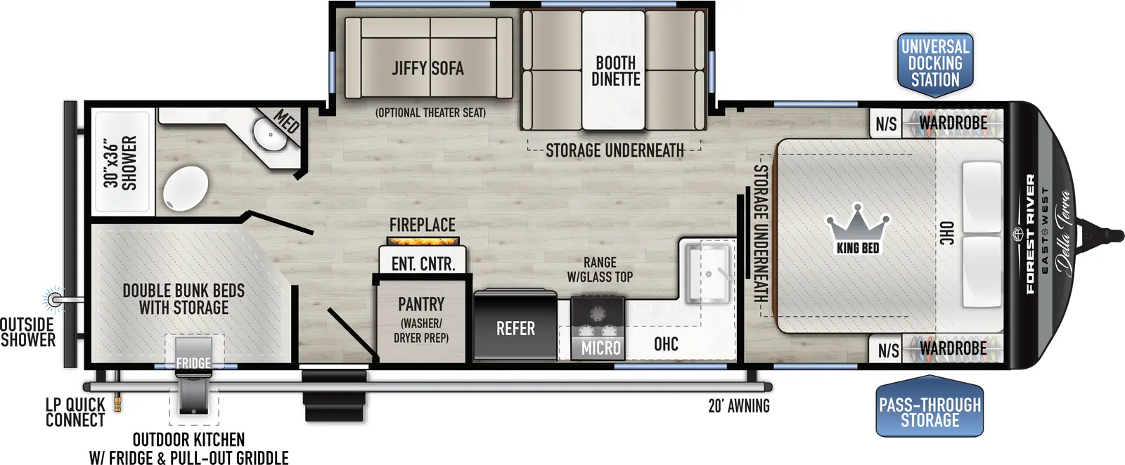 The Della Terra 262BH floorplan has one entry and one slide out. Exterior features include: metal exterior, 20' awning and outside kitchen. Interiors features include: bunk beds and front bedroom.